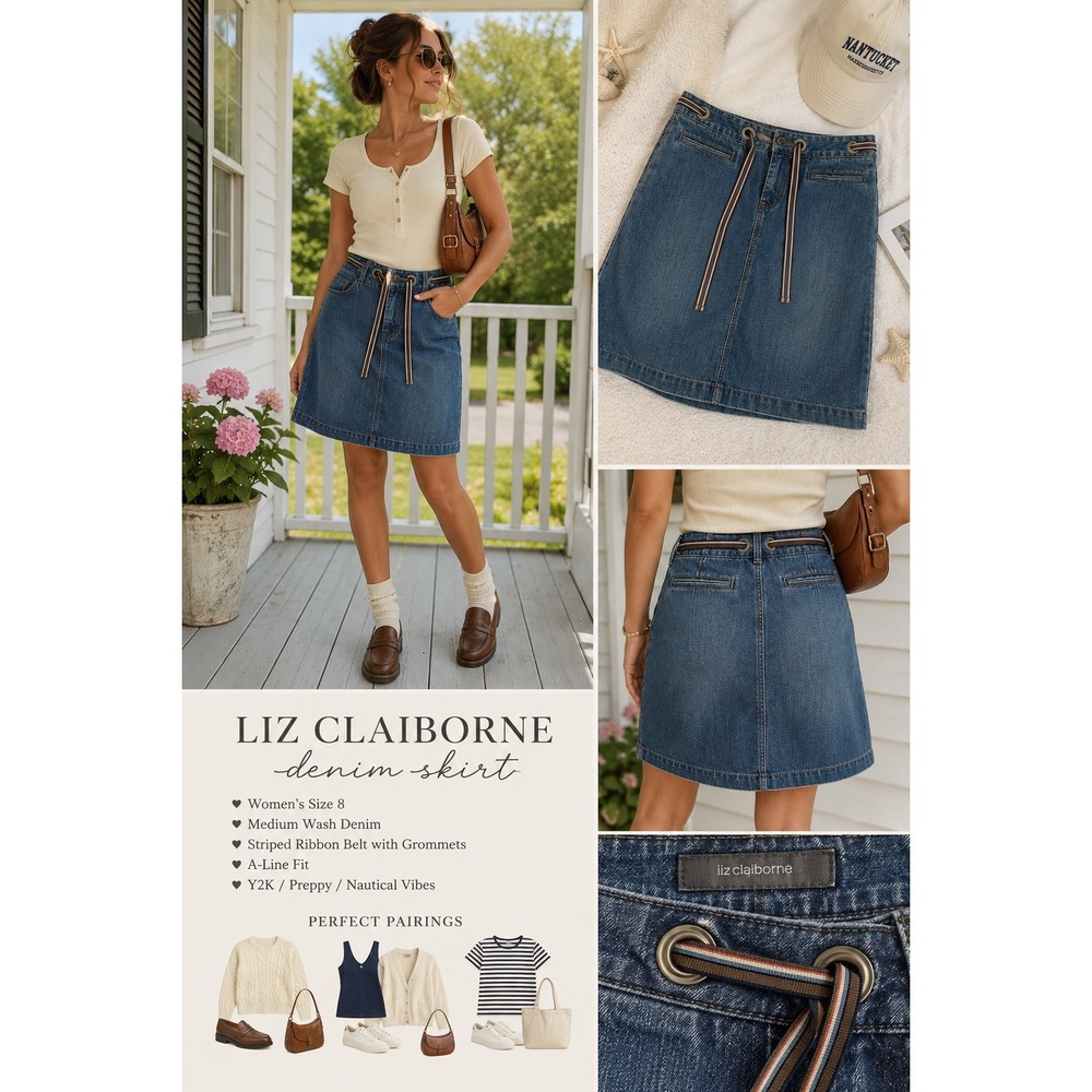 Liz Claiborne Womens Blue Denim A-Line Skirt Medium Wash Striped Belt Size 8